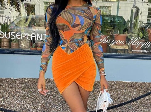 Women Sexy Printed Mesh Two Piece Bodysuit Skirt Set