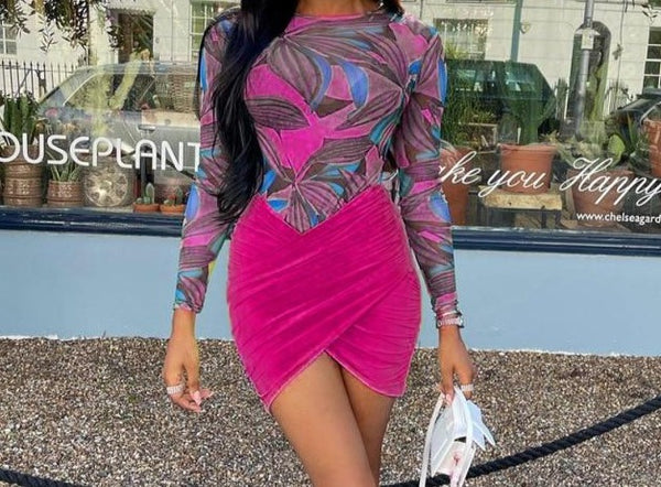 Women Sexy Printed Mesh Two Piece Bodysuit Skirt Set