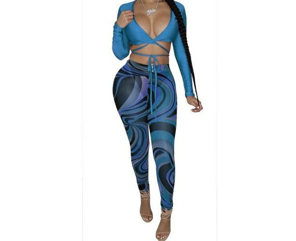Women Colorful Sexy Two Piece Full Sleeve Lace Up Crop Pant Set