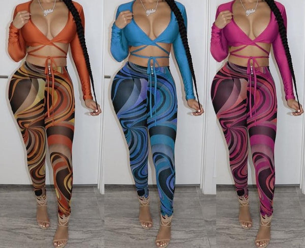 Women Colorful Sexy Two Piece Full Sleeve Lace Up Crop Pant Set