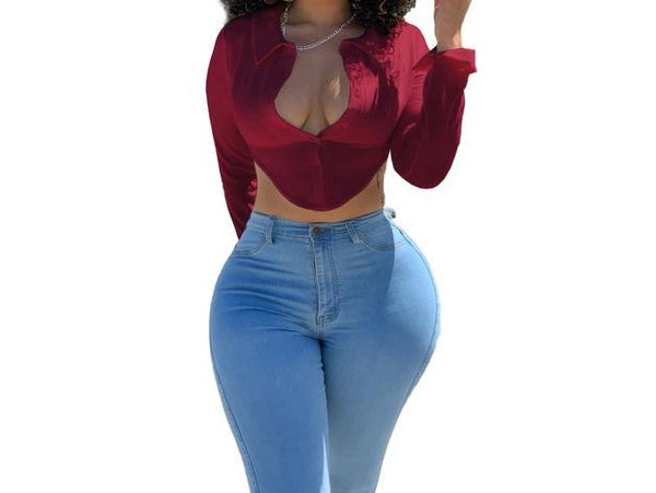 Women Fashion Solid Color Long Sleeve Button Up Crop Top