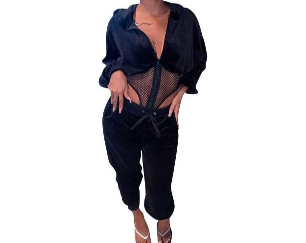 Women Fashion Black Two Piece Velour Fishnet Patchwork Hooded Pant Set