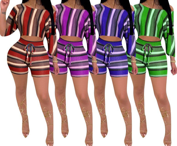 Women Fashion Color Stripe Two Piece Crop Top Short Set