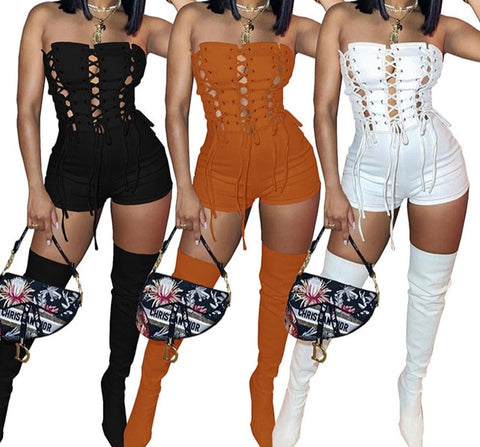 Women Sexy Strapless Lace Up Solid Color Fashion Romper