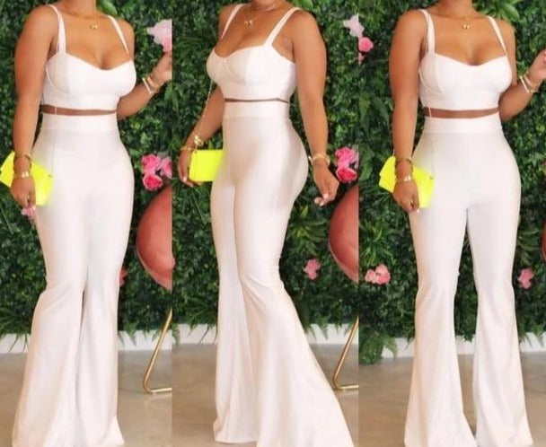 Women White Two Piece Fashion Tank Crop Pant Set
