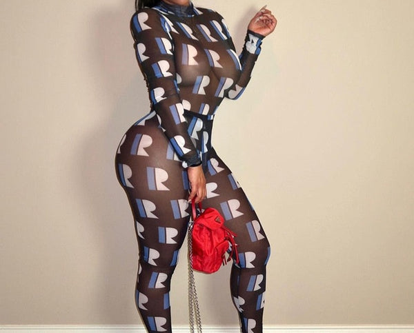 Women Sexy Sheer Printed Two Piece Fashion Pant Set