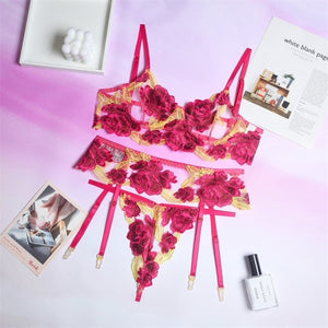 Women Floral Embroidery Sexy Adjustable Straps Three Piece Lingerie Set