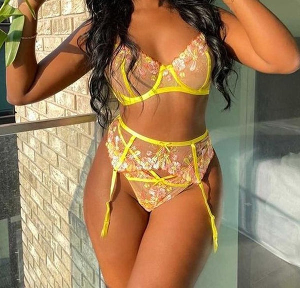 Women Sexy Yellow Mesh Lace Floral Embroidery Lingerie Set