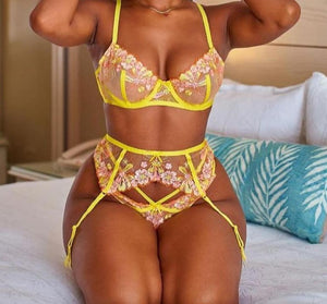 Women Sexy Yellow Mesh Lace Floral Embroidery Lingerie Set