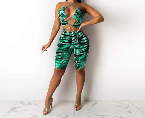 Women Two Piece Printed Sexy Fashion Lace Up Short Set