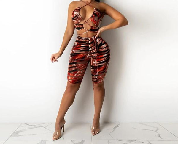 Women Two Piece Printed Sexy Fashion Lace Up Short Set