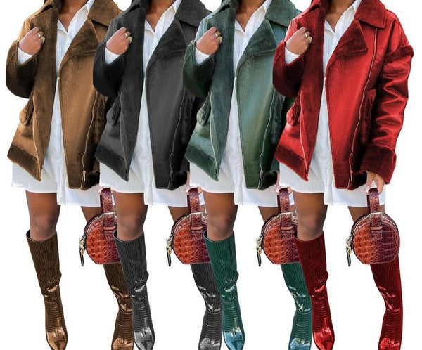 Women Warm Faux Leather Fashion Zip Up Jacket
