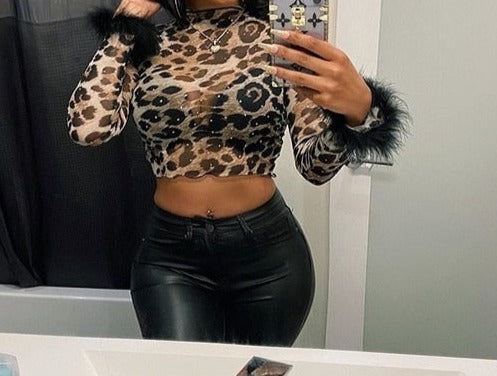 Women Sexy Leopard Print Feather Long Sleeve Crop Top