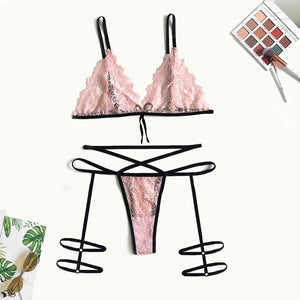 Women Sexy Lace Thong Lace Up Lingerie Set