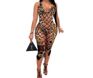 Women Sexy Leopard Print Sleeveless Lace Up Bikini Cover Up Set