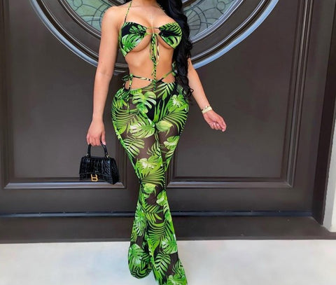 Women Mesh Sexy Cut Out Printed Halter Pant Set