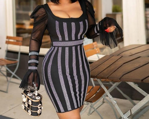 Women Sexy Rhinestone Mesh Puff Sleeve Striped Dress