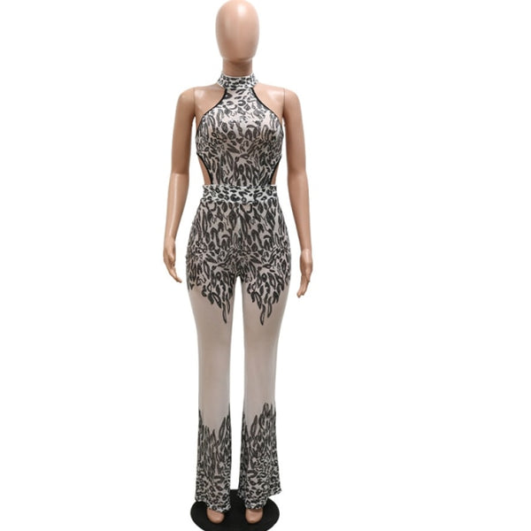 Women Sexy Halter Sequins Patchwork Mesh Wide Leg Jumpsuit