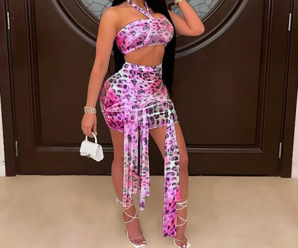 Women Leopard Print Two Piece Tie Up Sexy Fashion Skirt Set