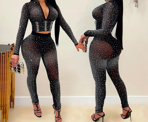 Women Sexy Black Mesh Rhinestone Two Piece Fashion Pant Set