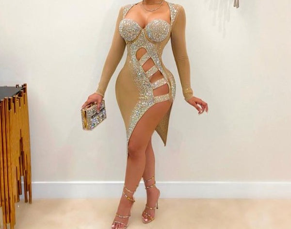Women Sexy Mesh Rhinestone Cut Out Long Sleeve Dress