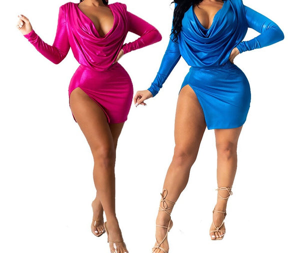 Women Sexy Two Piece Draped Full Sleeve Top Mini Skirt Set