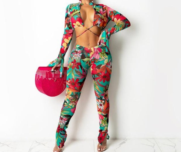 Women Sexy Colorful Floral Print Lace Up Two Piece Pant Set