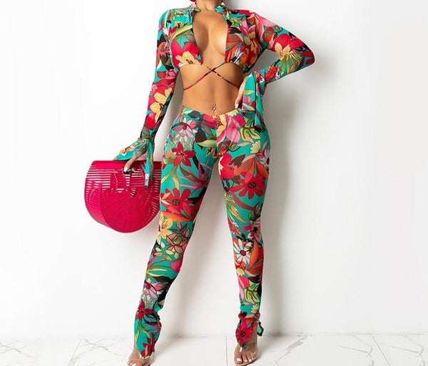 Women Sexy Colorful Floral Print Lace Up Two Piece Pant Set