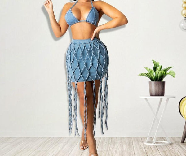 Women Sexy Two Piece Tassel Denim Skirt Set