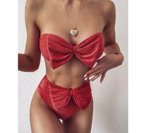 Women Sexy Strapless Bow Bikini Swimsuit
