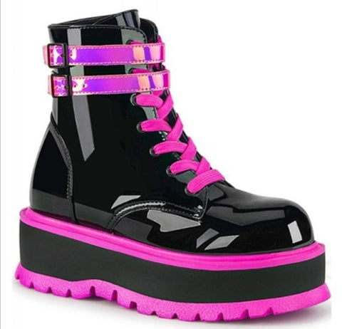Women Neon Fashion PU Thick Platform Lace Up Ankle Boots