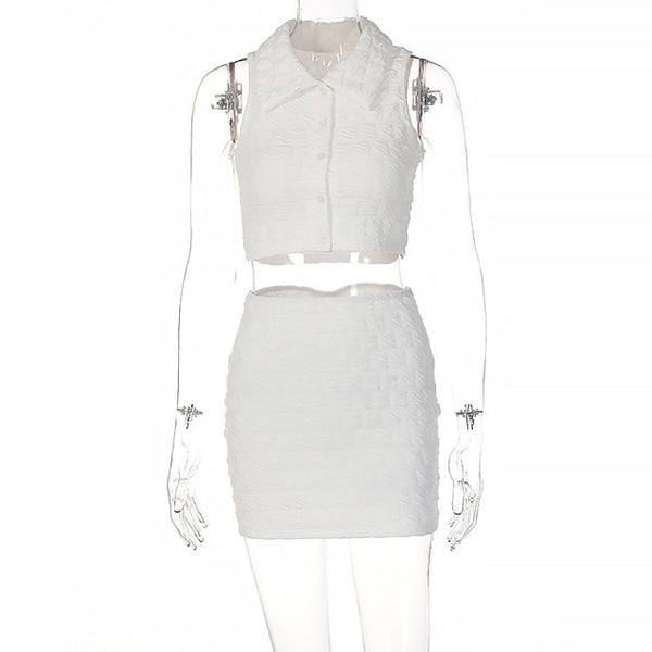 Women Fashion White Two Piece Sleeveless Mini Skirt Set