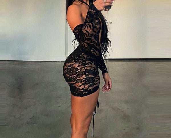 Women Sexy Lace Black Cut Out Drawstring Dress