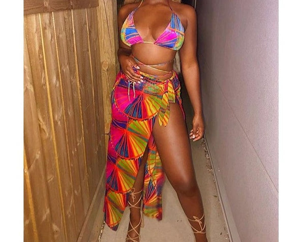 Women Sexy Multicolored Fashion Bikini Skirt Cover Up Set