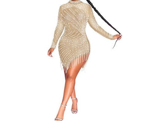 Women Sexy Mesh Long Sleeve Rhinestone Tassel Fashion Dress