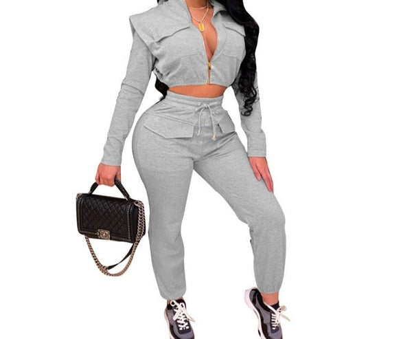 Women Solid Color Hooded Two Piece Crop Pant Set