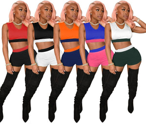Women Fashion Color-Block Sleeveless Two Piece Mini Short Set