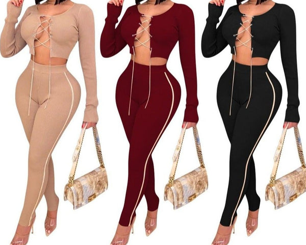 Women Sexy Lace Up Two Piece Knitted Fashion Pant Set