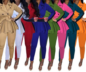 Women Solid Color Fashion Two Piece Pleated Blazer Pant Set