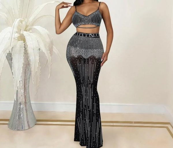 Women Sleeveless Crop Sexy Rhinestone Maxi Skirt Set