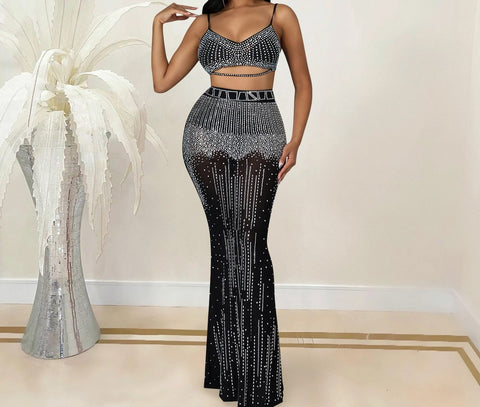 Women Sleeveless Crop Sexy Rhinestone Maxi Skirt Set