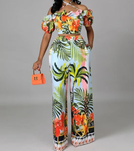 Women Floral Off The Shoulder Crop Two Piece Wide Leg Pant Set