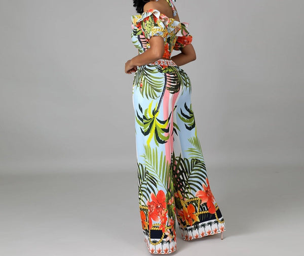 Women Floral Off The Shoulder Crop Two Piece Wide Leg Pant Set