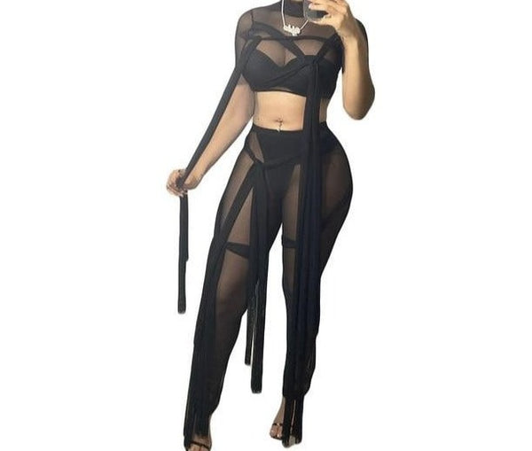 Women Sexy Sheer Mesh Two Piece String Fashion Pant Set