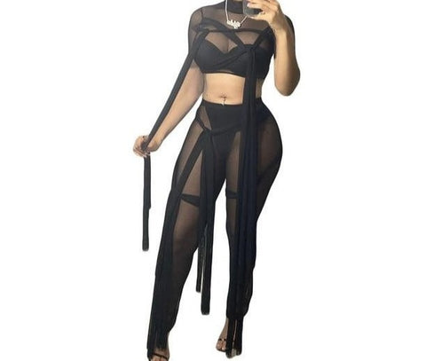 Women Sexy Sheer Mesh Two Piece String Fashion Pant Set