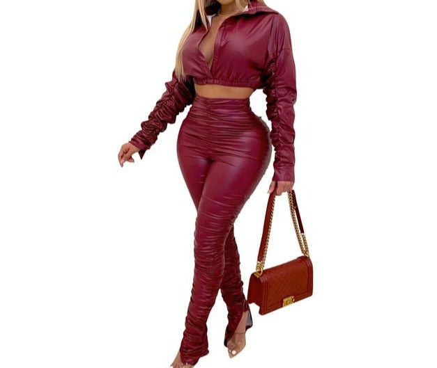 Women Fashion Faux Leather Two Piece Sexy Pant Set