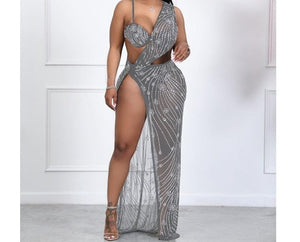 Women Sexy One Shoulder Sleeveless Mesh Bling Side Split Maxi Dress