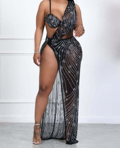 Women Sexy One Shoulder Sleeveless Mesh Bling Side Split Maxi Dress