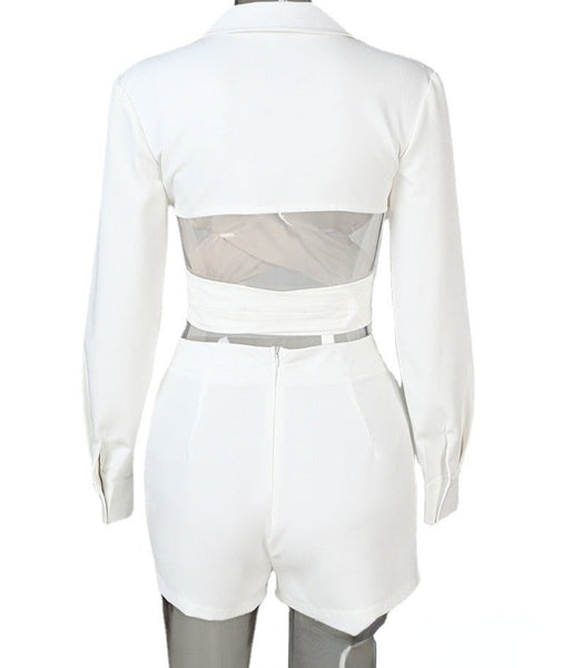 Women White Fashion Criss-Cross Two Piece Crop Blazer Short Set