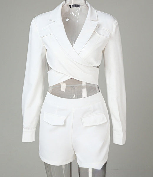 Women White Fashion Criss-Cross Two Piece Crop Blazer Short Set